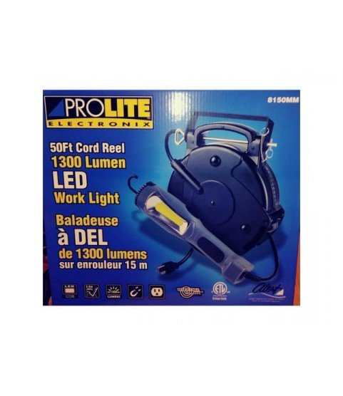 Heavy Duty Professional 1300 Lumen LED Light and 50Ft Retractable Cord Reel Auto Repair Garage Shop Light Alert Stamping Prolite 8150MM