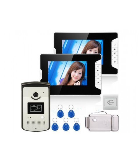 7 inch Color Video Door Phone Intercom System With 2 Monitor 1 RFID HD Doorbell 1000TVL Camera + Electronic Door Lock