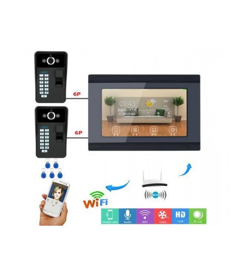 7inch TFT LCD Wired / Wireless Wifi Fingerprint RFID Password Video Door Phone Doorbell Intercom Entry System Remote APP with 2 X IR-CUT 1000TVL Wired Camera Night Vision