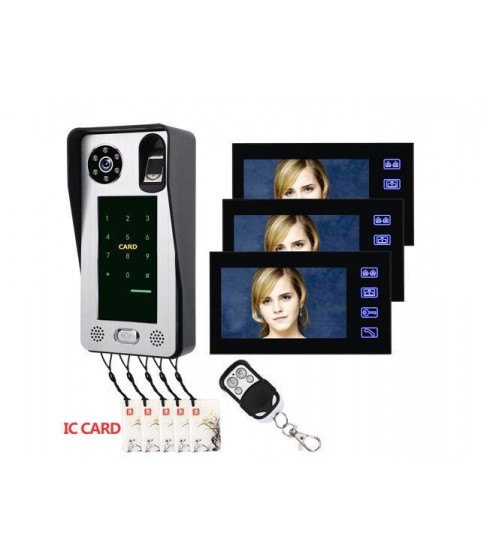 3 Monitors 7inch Fingerprint IC Card Video Door Phone Intercom Doorbell With  Door Access Control System Night Vision