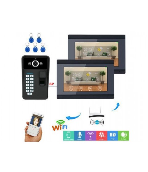 7inch TFT LCD 2 Monitors Wired / Wireless Wifi Fingerprint RFID Password Video Door Phone Doorbell Remote APP with IR-CUT 1000TVL Wired Camera