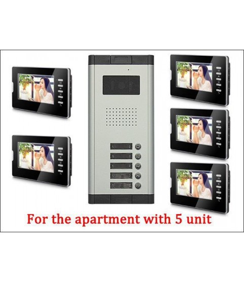 7'' LCD Monitor Wired Video Door Phone with 380TVL Camera,2 Way voice talking,Night Vision,1 Unit outdoor 5 Unit Indoor Apartment Audio Visual Entry Intercom System 1V5 Bluid in MIC