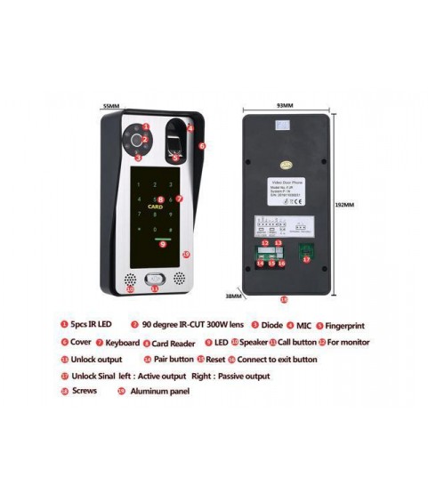 2 Monitors 7inch Fingerprint IC Card Video Door Phone Intercom Doorbell HD 1000 TV Line