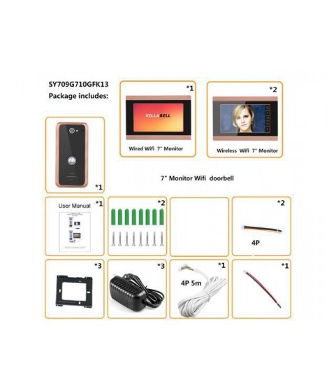 7inch 3 Monitors Wired Wifi Video Door Phone Doorbell Intercom Entry System with 1000TVL Wired Camera Night Vision Support Remote APP intercom/unlocking/Recording/Snapshot