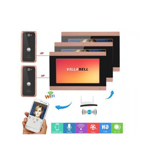 7inch TFT LCD 3 Monitors Wired Wifi Video Door Phone Doorbell Intercom Remote APP  with 2X 1000TVL Wired Camera