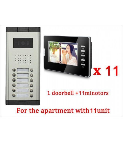 7'' LCD Monitor Wired Video Door Phone with 380TVL Camera,2 Way voice talking,Night Vision,1 Unit outdoor 11 Unit Indoor Apartment Audio Visual Entry Intercom System 1V11 Bluid in MIC