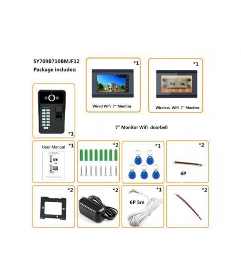 7inch TFT LCD 2 Monitors Wired / Wireless Wifi Fingerprint RFID Password Video Door Phone Doorbell Remote APP with IR-CUT 1000TVL Wired Camera