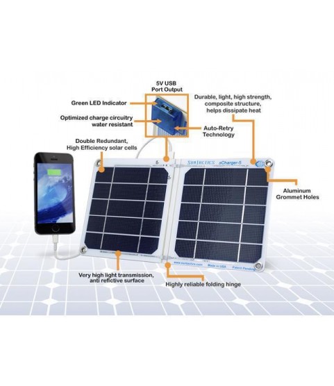 Suntactics sCharger-5 Portable Solar Charger, Durable, Ultralight, Water Resistant,  Auto-Retry, ~1200mA for iPhone, Samsung and Other Devices
