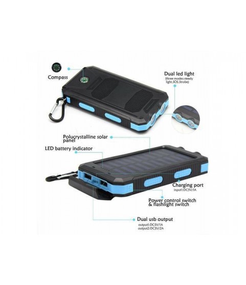 Waterproof 2000000mAh 2 USB Portable Solar Battery Charger Solar Power Bank Blue